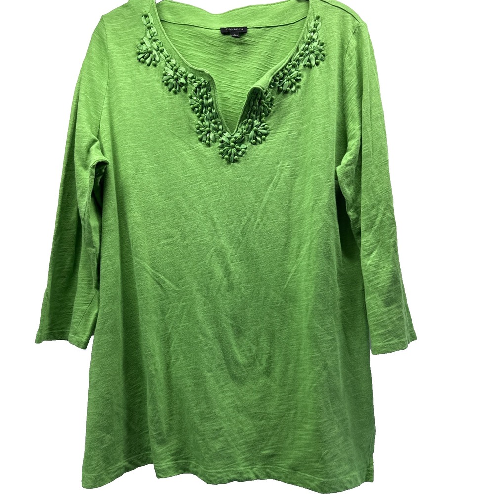 Talbots Women's Top Size Large Solid Green Beaded V Neck 3/4 Sleeve 100% Cotton